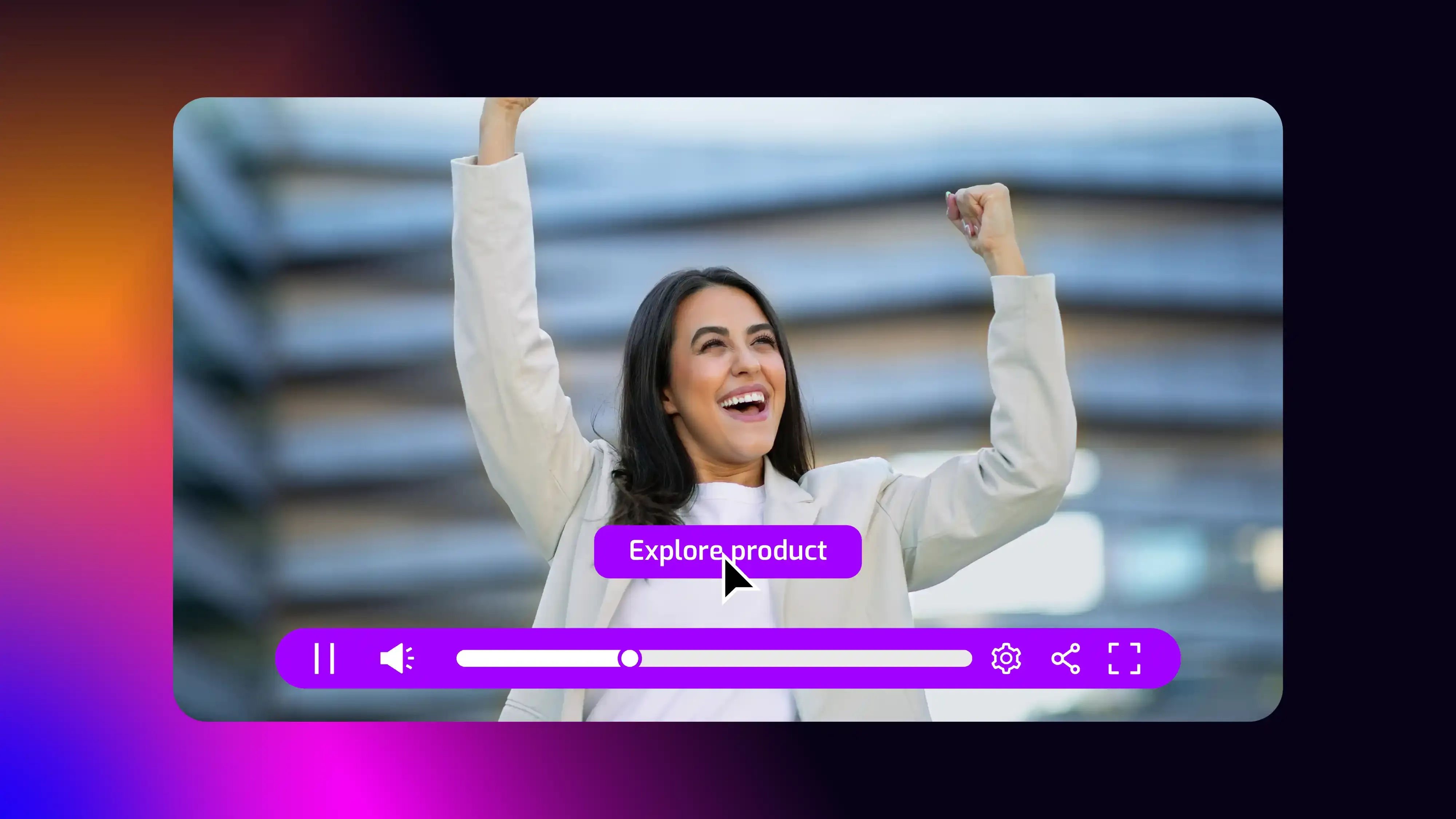 A marketing video of a woman cheering. There is a clickable CTA that reads: “Explore product”.